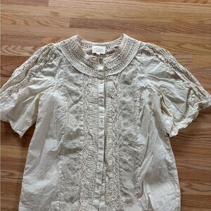 Sezane Cream Flutter Sleeve Blouse with Bib Collar